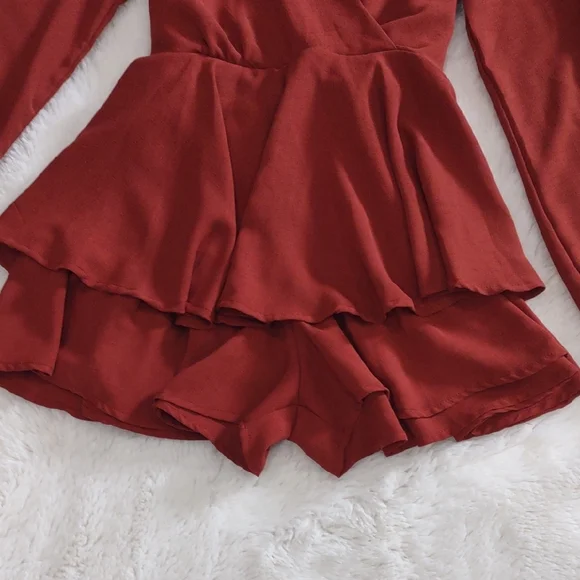 Altar'd State Rust Long Sleeve Peplum Jumpsuit. - Picture 14 of 17